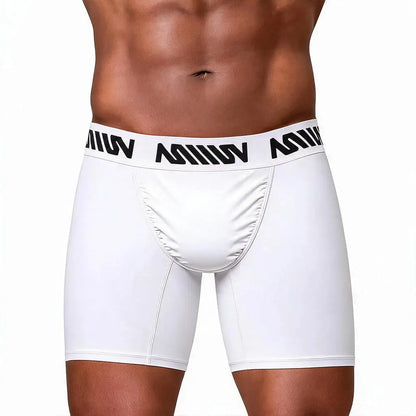 White boxer brief with a snug fit featuring a black branded waistband shown on a model's lower body