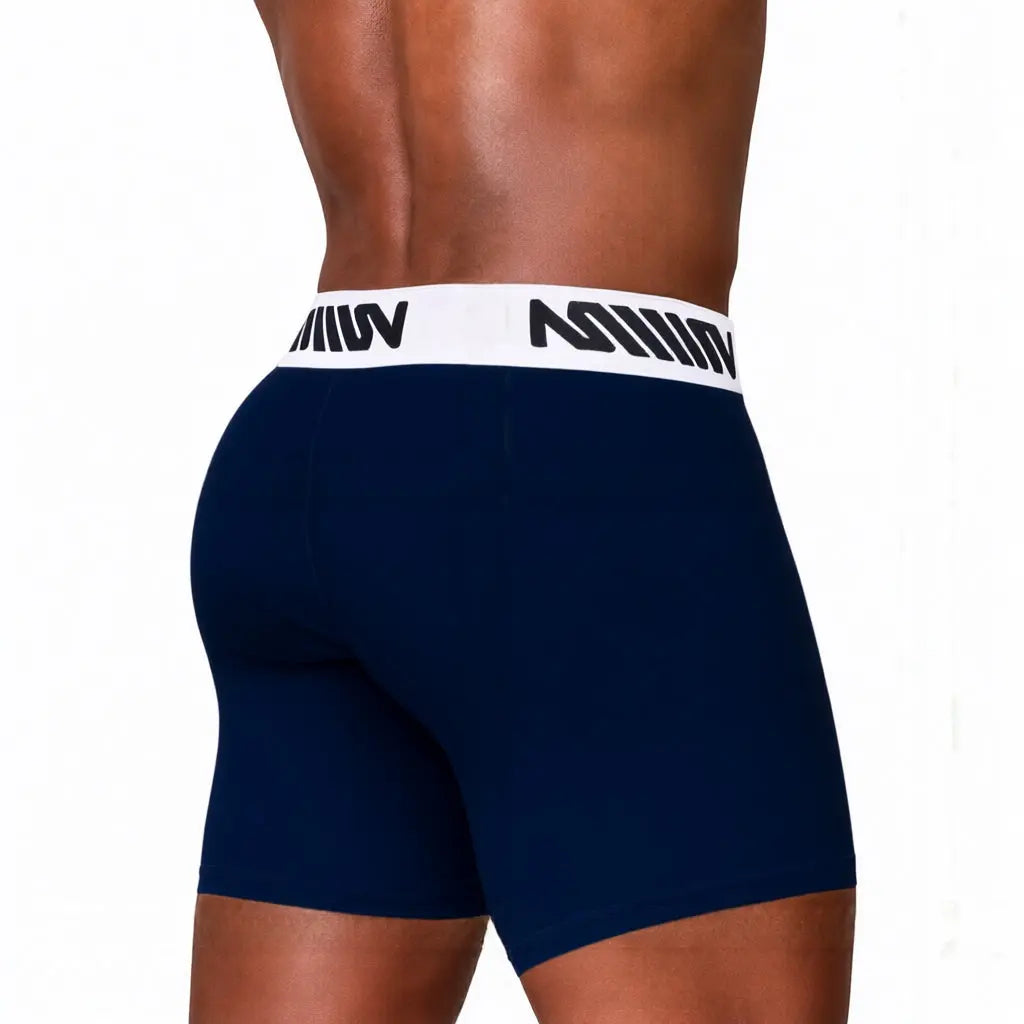 Dark blue boxer brief made of soft material featuring a white branded waistband shown from the back on a model.