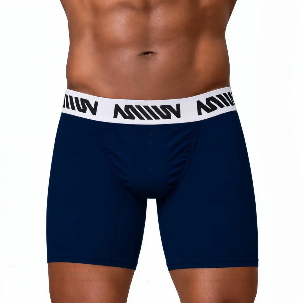 Dark blue boxer brief with a white branded waistband shown on a model with a muscular build by MetroMaleWear M2W