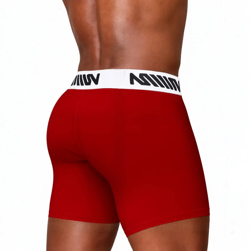 Red boxer brief with a white waistband featuring the MetroMaleWear logo shown from the back on a model