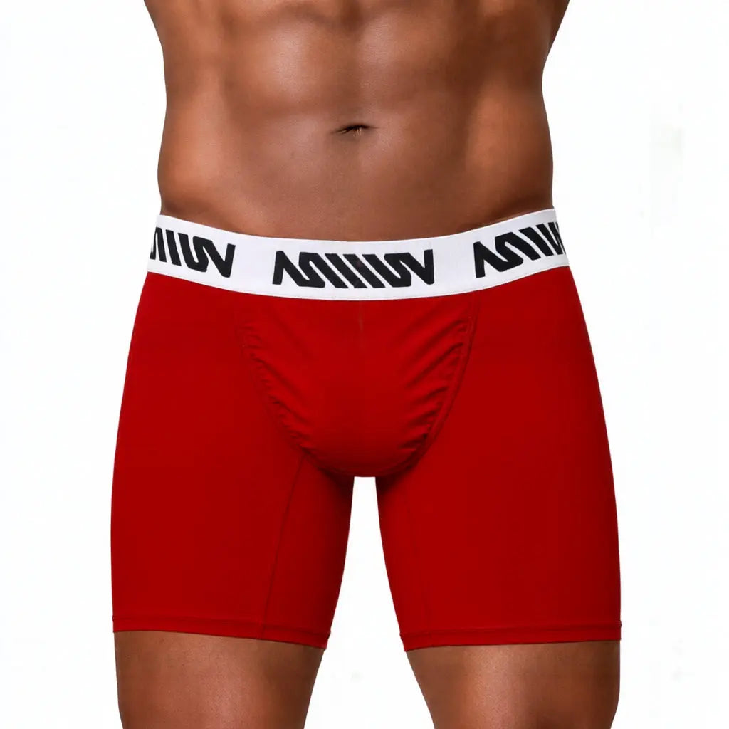 Red boxer brief with a snug fit featuring a white waistband with black branding shown on a model with a muscular build by MetroMaleWear M2W