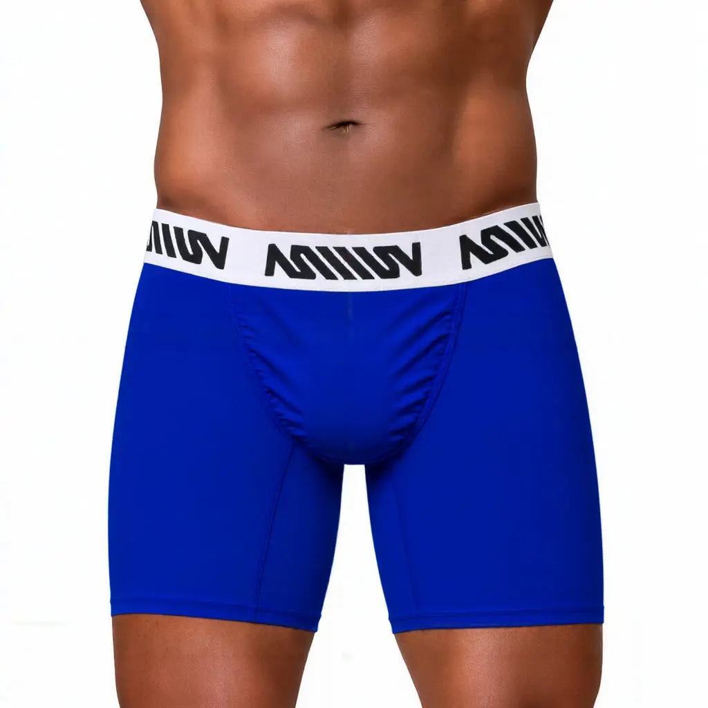 Royal blue boxer brief with a snug fit featuring a contrasting white waistband shown on a model by MetroMaleWear M2W