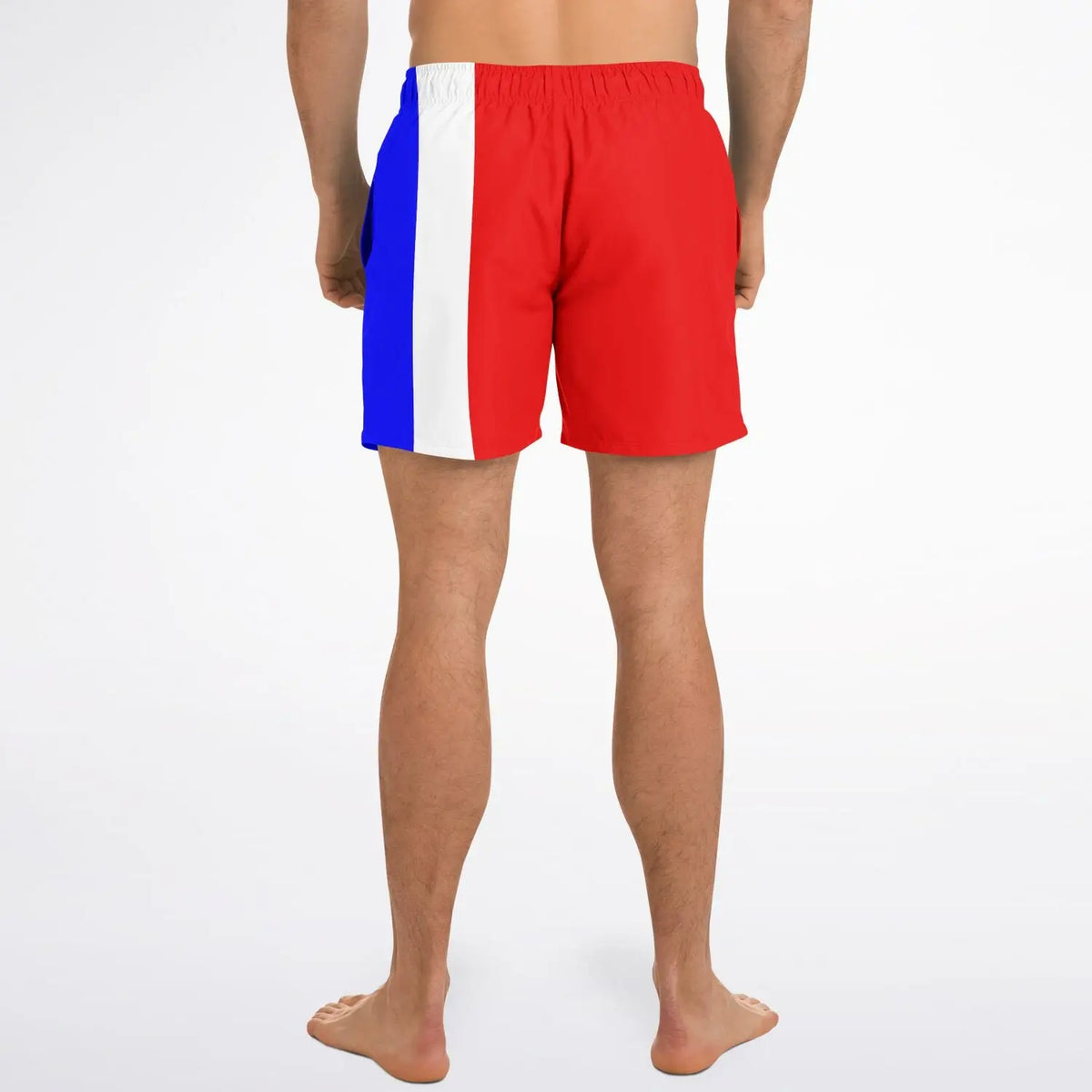 Men's swim shorts by Maris Equi in red with blue and white side panels featuring an elastic waistband and a comfortable fit.