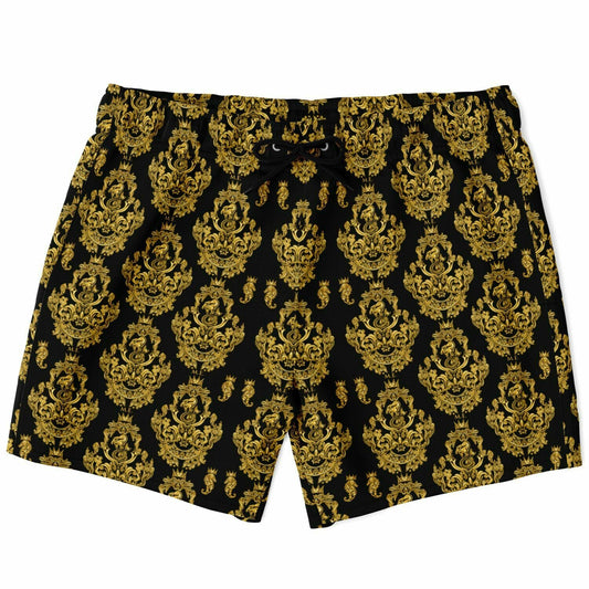 Black swim shorts with gold baroque pattern featuring an elastic waistband and drawstring by Maris Equi