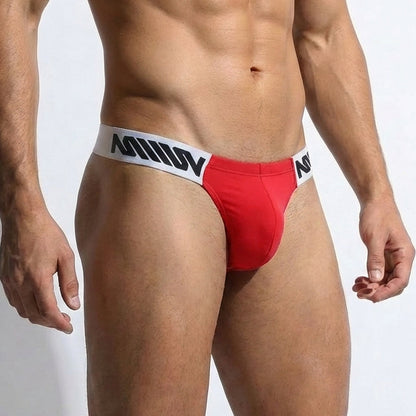 Red metroMalewear puente thong briefs with white waistband and black lettering for men