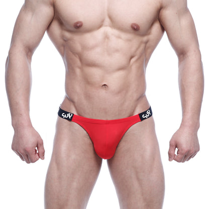 Red athletic briefs with black waistband and white sup branding by metromalewear in valentine red 3602-12