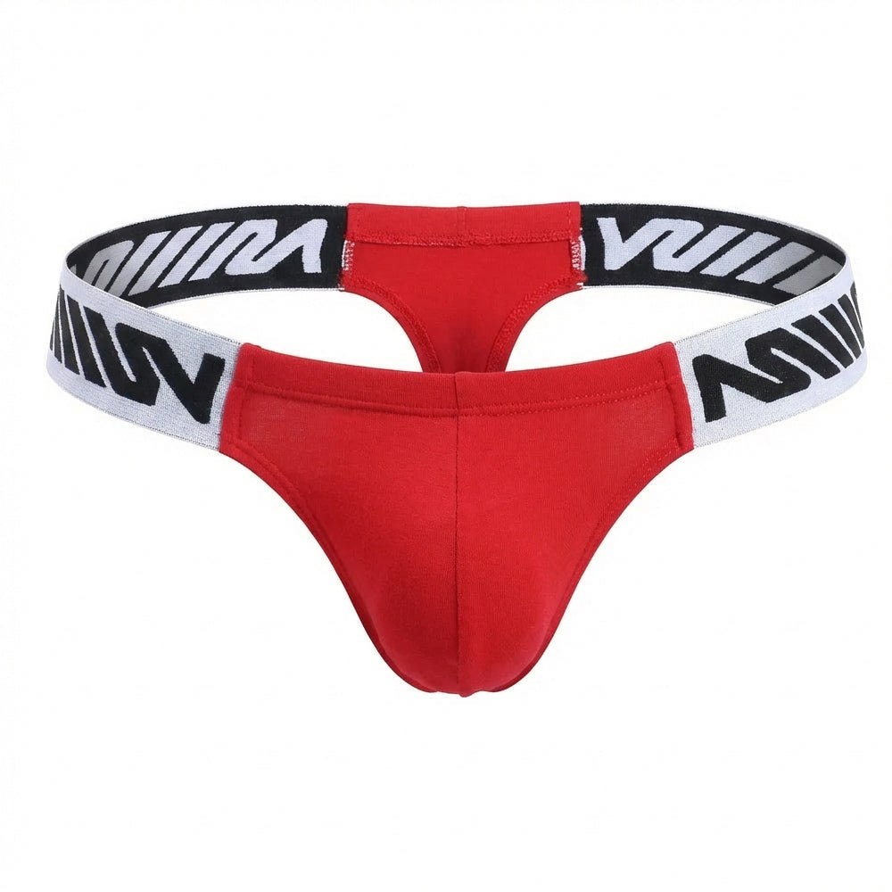 Red thong with black and white striped waistband and bold stylized lettering from MetroMaleWear Puente Thong 3602-13