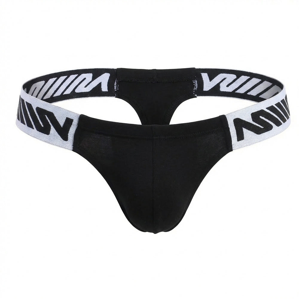 Black MetroMaleWear Puente thong with white elastic waistband and bold black v logos shown from the back side
