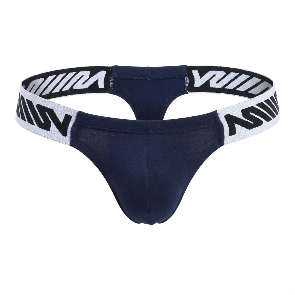 Navy blue metroamalewear puente thong with white elastic waistband and bold black w logos front view