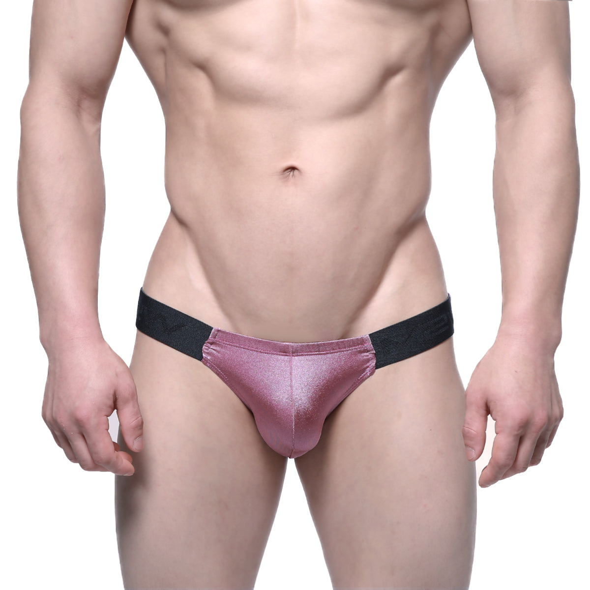 MetroMaleWear puente bikini dusty pink pink metallic briefs with black elastic waistband front view