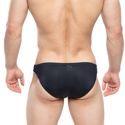 MetroMaleWear vaquero bikini black swim trunks with smooth stretchy fabric and subtle logo on the waistband