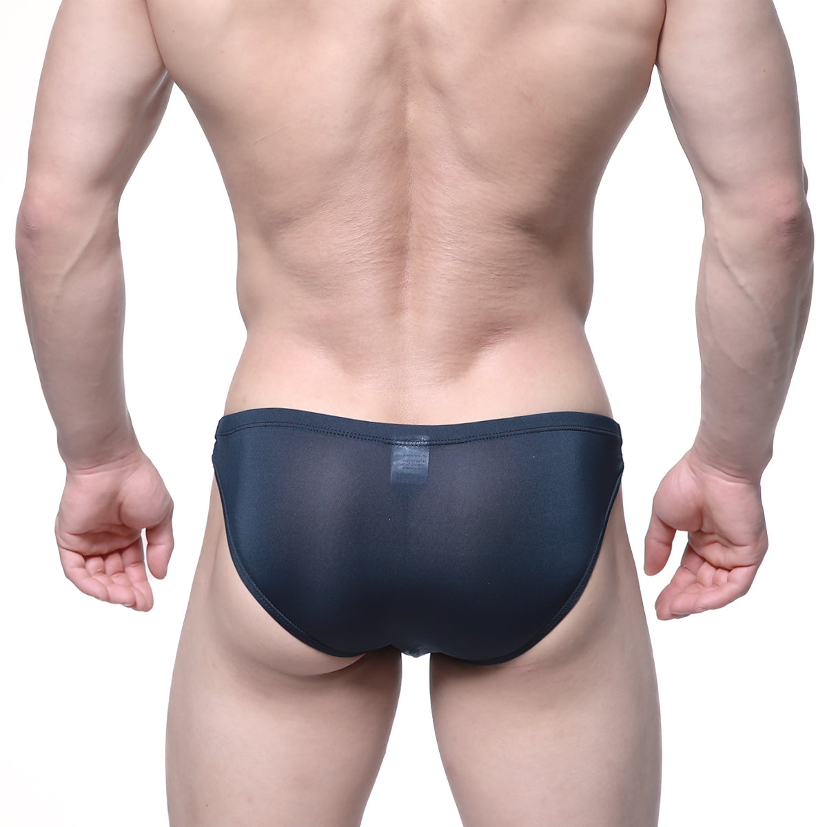 Dark navy sheer mesh briefs from metromalewear veus bikini 3603-19 showing front side design details