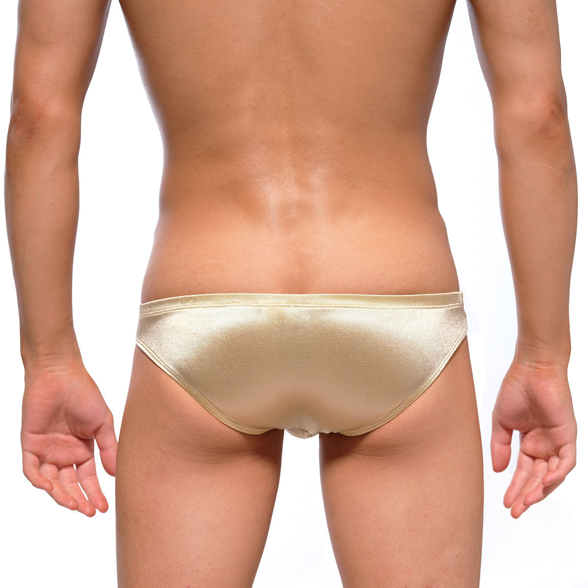 A sleek metallic gold satin brief from MetroMaleWear Puente Bikini Lujos 3603-22 with smooth shiny finish and clean stitching