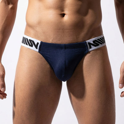 MetroMaleWear Puente bikini dark blue navy briefs with white elastic waistband black diagonal stripes and logo