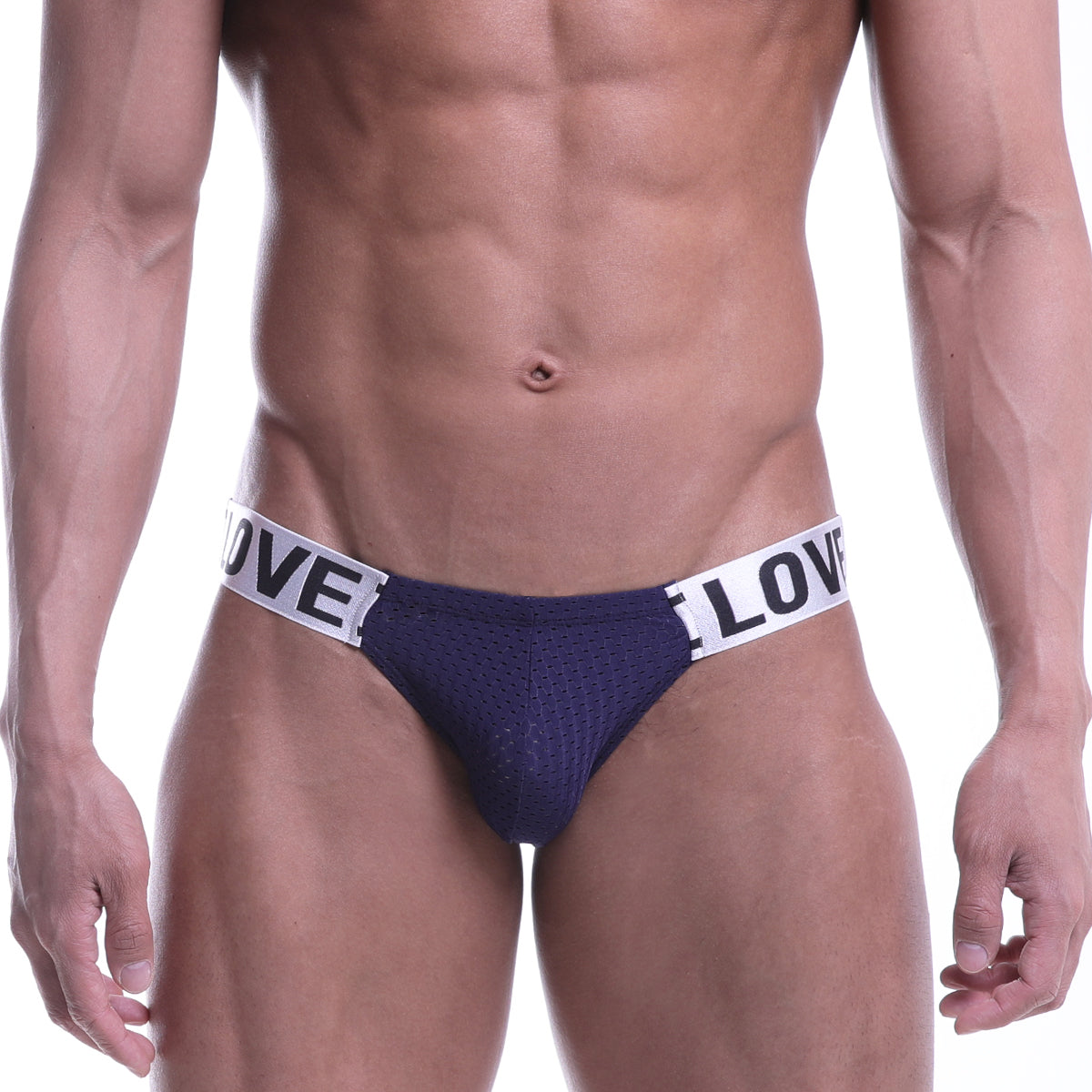 MetroMalewear puente bikini navy 3603-28 mesh briefs with white elastic waistband featuring love in bold black letters