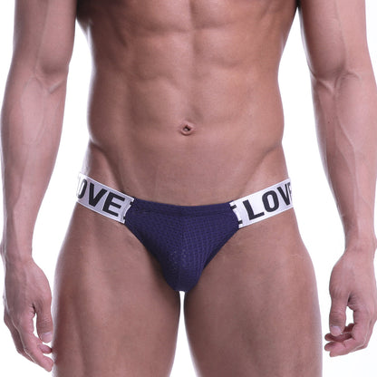 MetroMalewear puente bikini navy 3603-28 mesh briefs with white elastic waistband featuring love in bold black letters