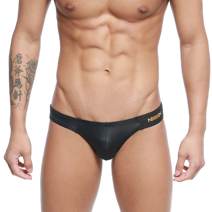 Black leather-like swim trunks with gold metro malewear branding on waistband metro malon bikini black 3603-29