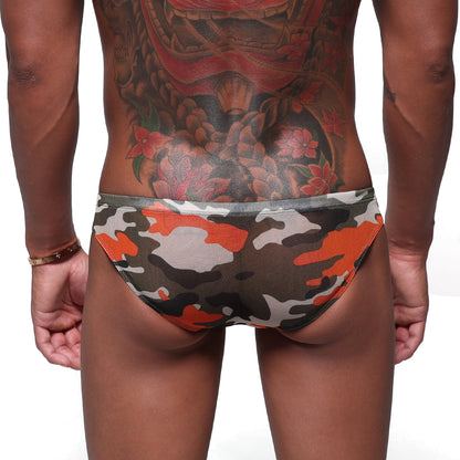 MetroMaleWear Puente bikini camo orange mens briefs in orange gray and black camouflage pattern for everyday wear