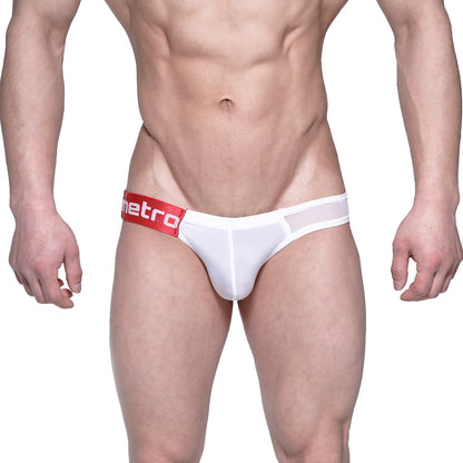 White men’s briefs with red waistband featuring metro logo made of white mesh from metroMalewear puente bikini 3603-50