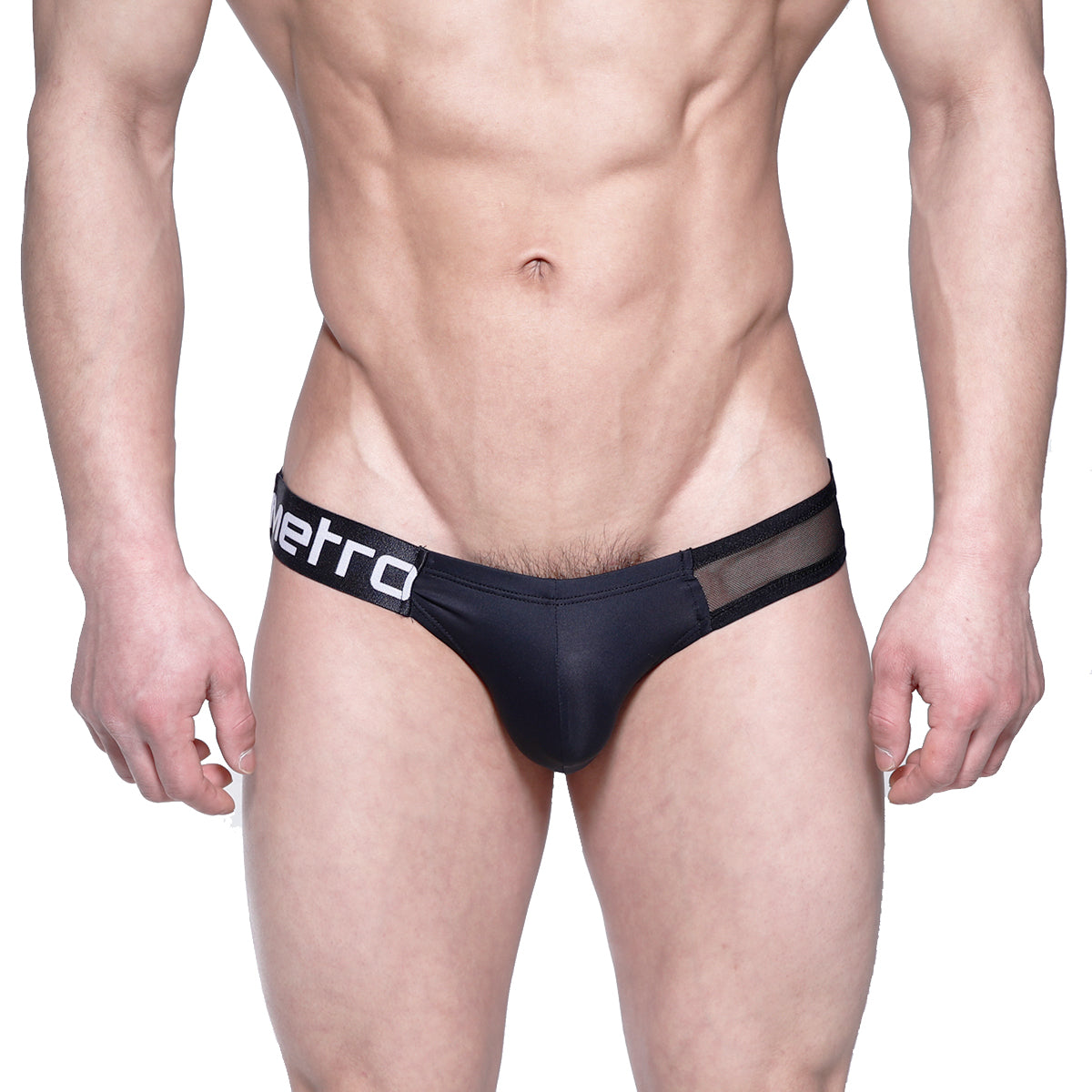 Black men’s briefs with mesh panel and white metro branding on waistband from MetroMaleWear Puente Bikini 3603-51