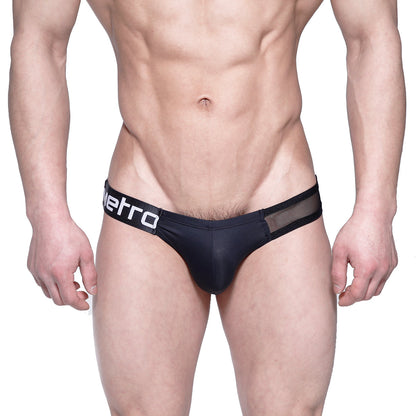 Black men’s briefs with mesh panel and white metro branding on waistband from MetroMaleWear Puente Bikini 3603-51