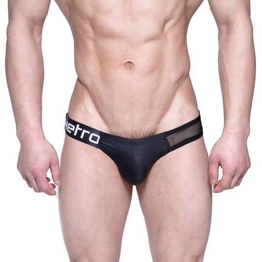 Black men’s briefs with mesh panel and white metro branding on waistband from MetroMaleWear Puente Bikini 3603-51