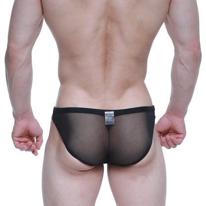 Black sheer mesh briefs with a solid black waistband metro malewear brief 2.0 tull 3603-70 front view