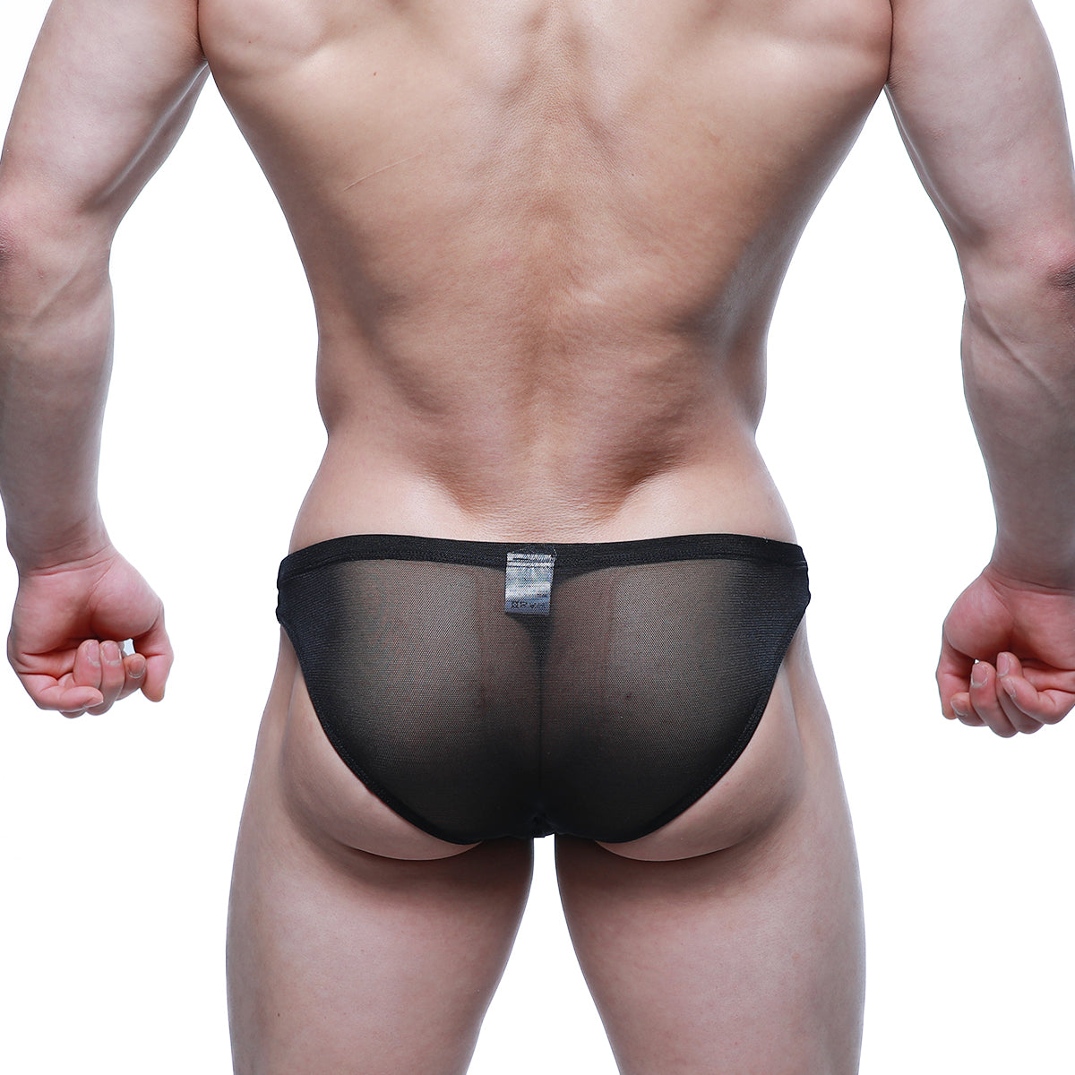 Black sheer mesh briefs with a solid black waistband metroMalewear fior bikini 3603-72 front view