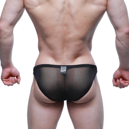 Black sheer mesh briefs with a solid black waistband metroMalewear fior bikini 3603-72 front view