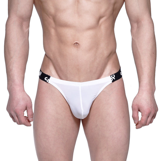 White thong with black elastic waistband featuring repeating MetroMaleWear logo pattern for men’s underwear