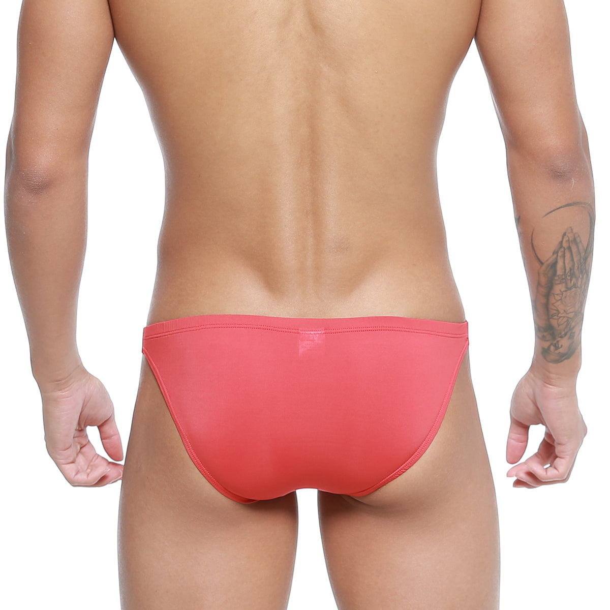 A sleek coral-red form-fitting swim trunk from MetroMaleWear Paleta Bikini 3604-13 designed for swimwear use