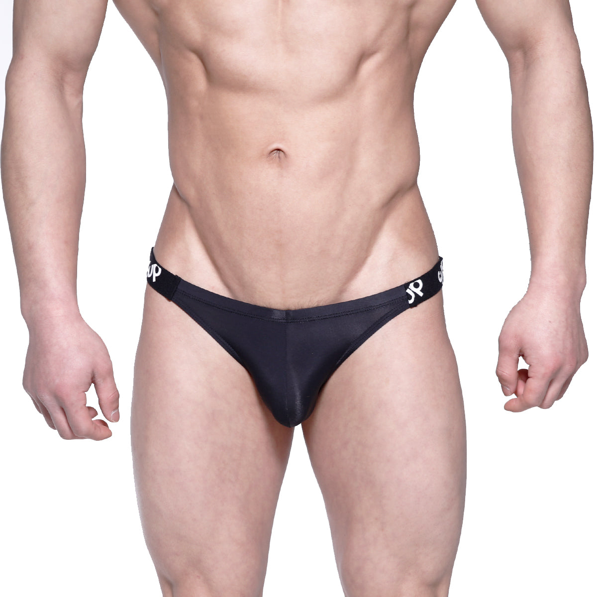 Black sleek form-fitting metro malewear sup bikini briefs with subtle white logo on waistband