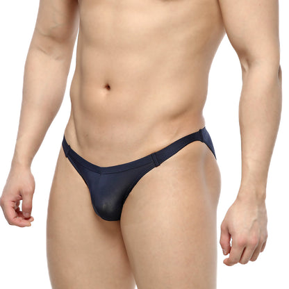 Navy blue slim bikini thong with sheer mesh and solid waistband from metromalewear model 3604-28 front view