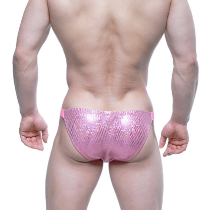MetroMaleWear bling bikini pink 3604-73 pink sequined briefs with mesh texture and matching elastic waistband