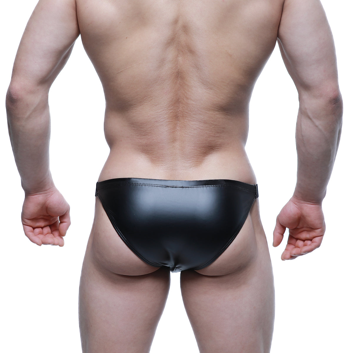 Black glossy faux leather briefs with a sleek form-fitting design from MetroMaleWear bling bikini 3604-75