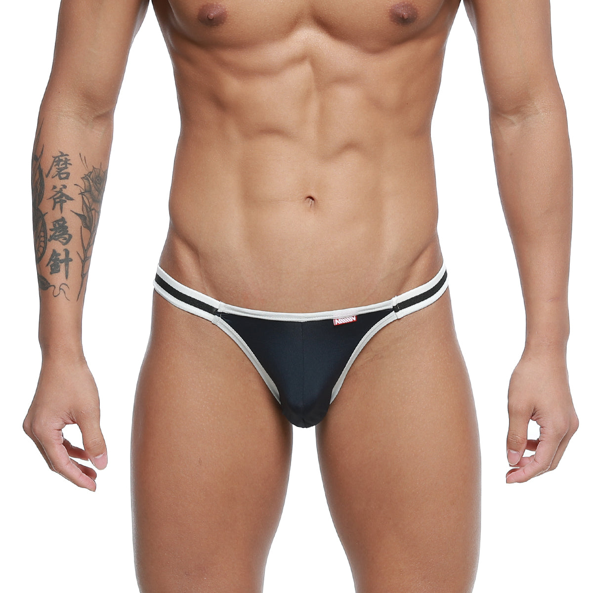Black and white MetroMaleWear Link bikini thong with sleek minimalist design in dark blue shown from the back side