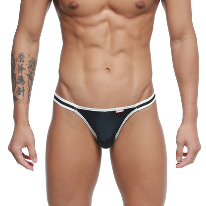 Black and white MetroMaleWear Link bikini thong with sleek minimalist design in dark blue shown from the back side