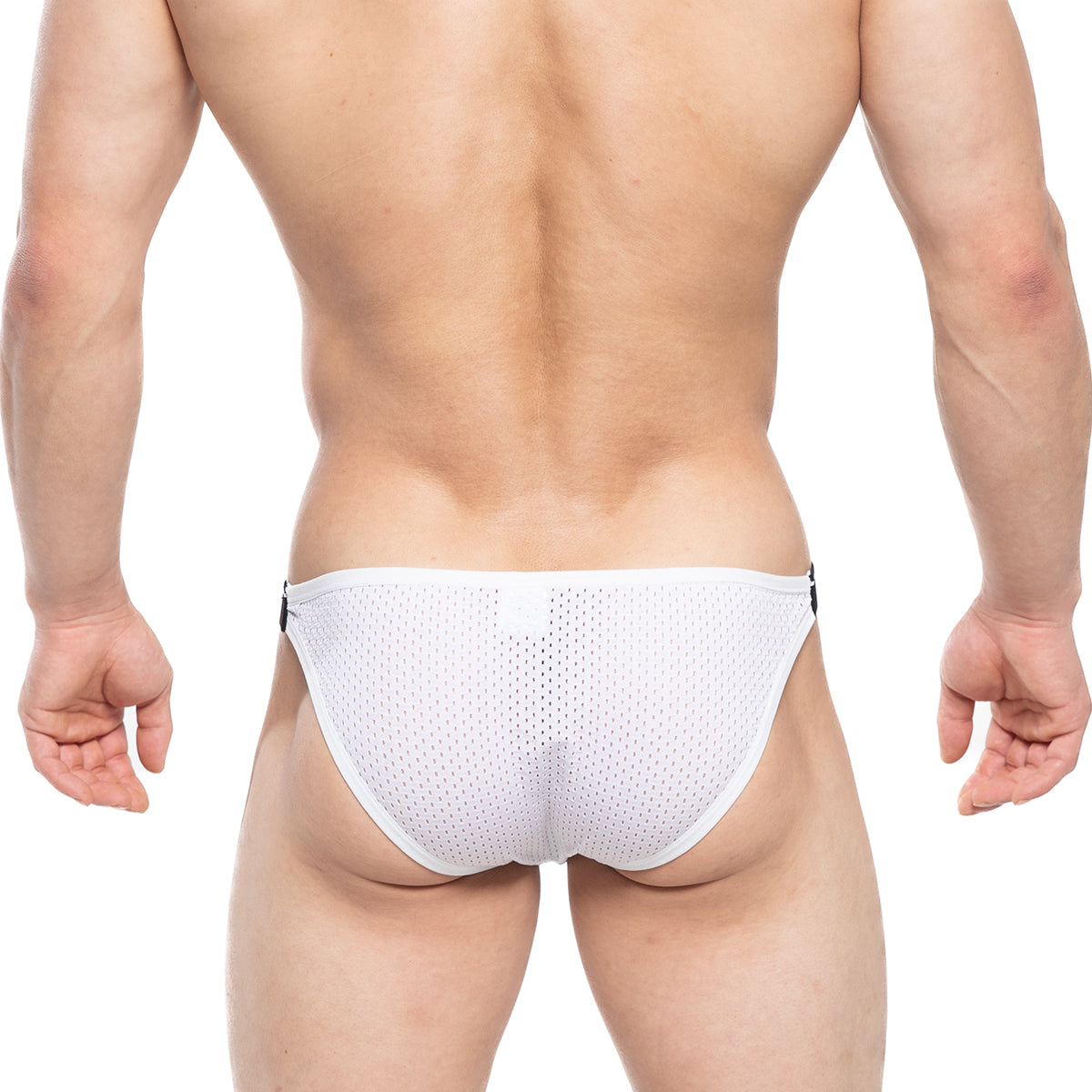White mesh briefs with black side tabs from metromalewear verano bikini 3606-00 for breathable comfort