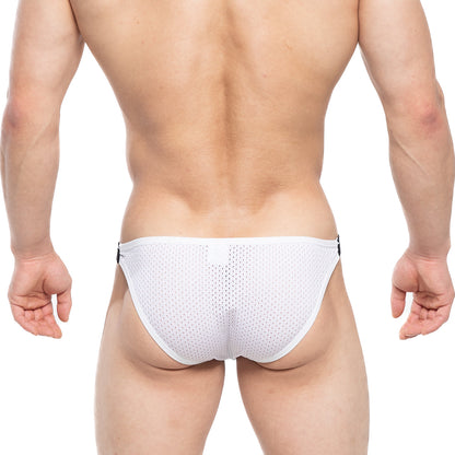 White mesh briefs with black side tabs from metromalewear verano bikini 3606-00 for breathable comfort