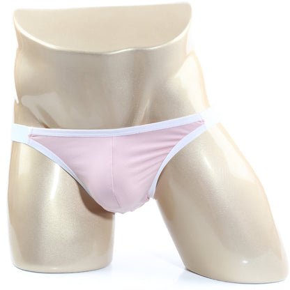 Pink thong with white trim displayed on a mannequin from MetroMaleWear Verano Bikini dusty pink 3606-02 collection