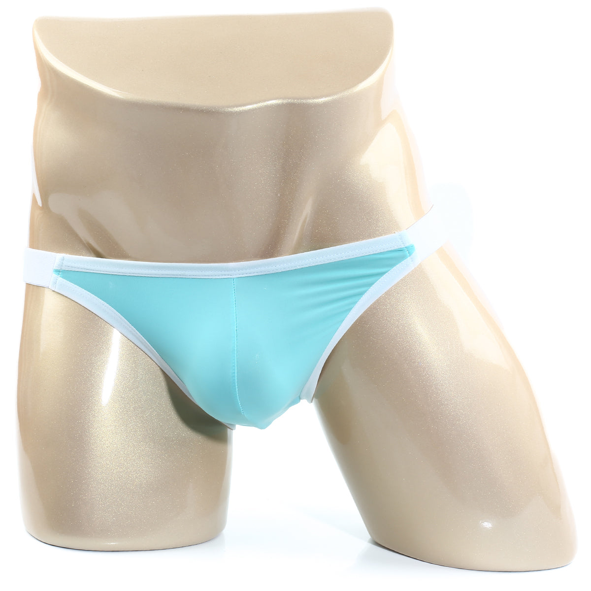 Light blue form-fitting briefs with white trim on a mannequin from MetroMaleWear verano bikini pastel green 3606-07