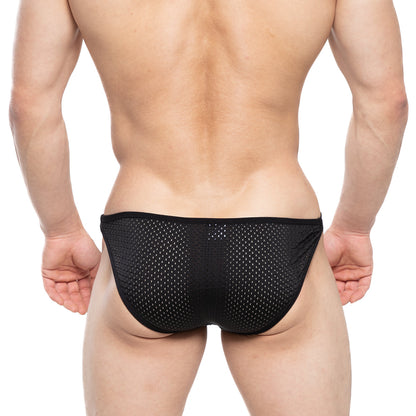 MetroMaleWear Verano Bikini black mesh briefs with a snug form-fitting design for comfortable everyday wear