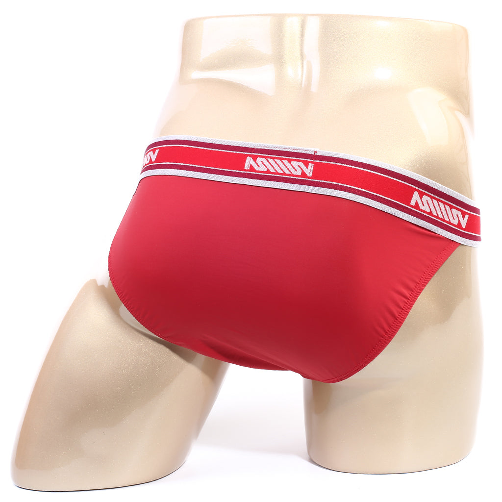 Red men’s briefs metroMalewear inferno bikini with white and red striped waistband featuring aomiv logo