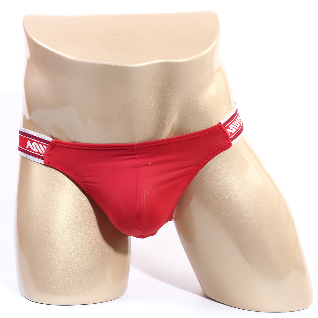 Red briefs with a white and red striped waistband featuring the MetroMaleWear logo for a bold underwear style