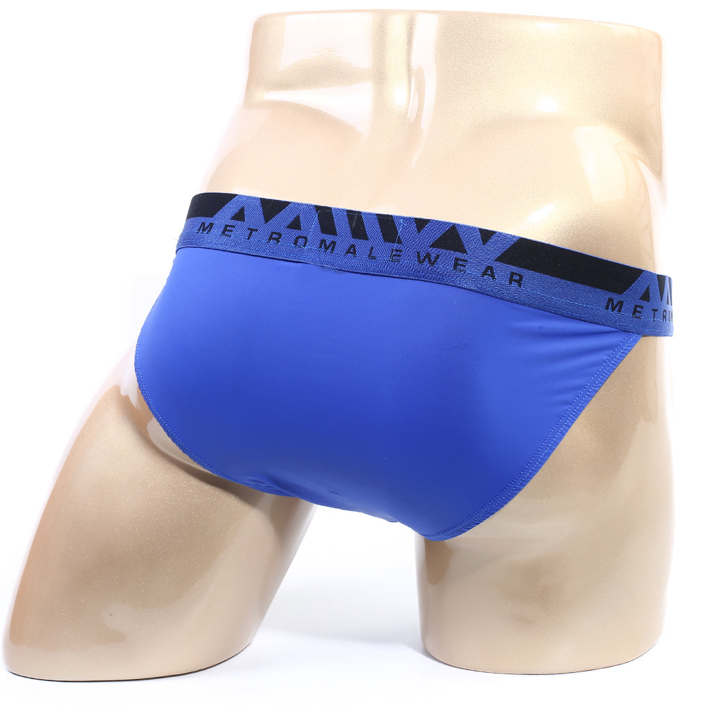 MetroMaleWear Inferno bikini royal blue briefs with black waistband and white metromalewear logo for comfortable fit