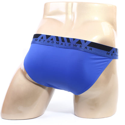 MetroMaleWear Inferno bikini royal blue briefs with black waistband and white metromalewear logo for comfortable fit