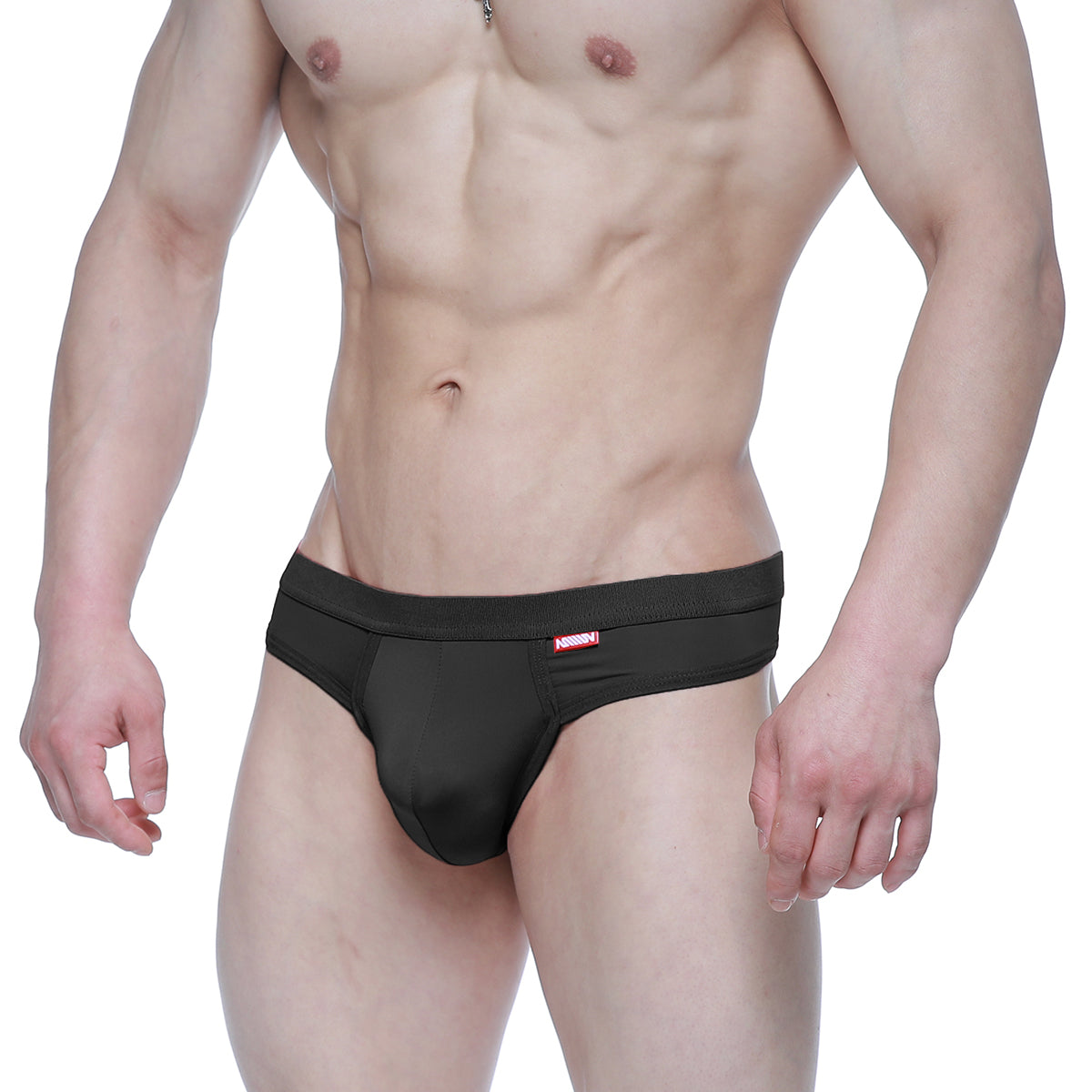 Black athletic briefs metroMaleWear eterna thong with a red logo on the waistband front view