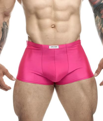 Justin + Simon classic boxer briefs in vibrant pink shiny fabric with a white justin-simon label on the waistband