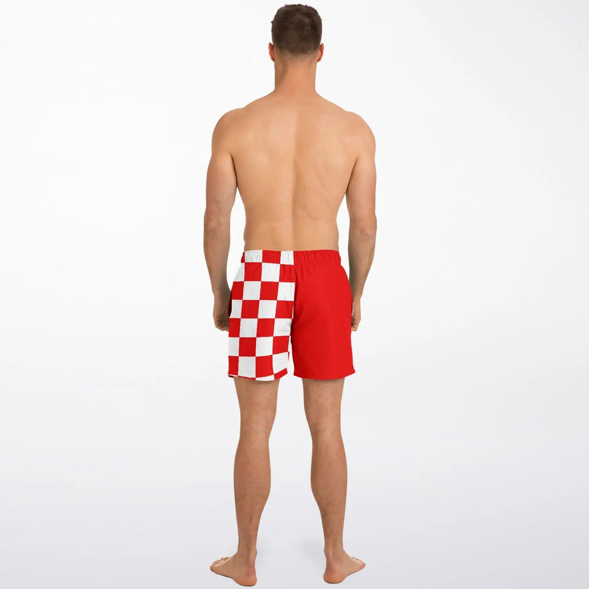 Red and white checkered men's swim shorts by Maris Equi featuring an elastic waistband and a comfortable fit shown from the back.