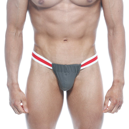Gray athletic briefs with red and white striped waistband from metromalewear spartacus thong green 3802-26 collection